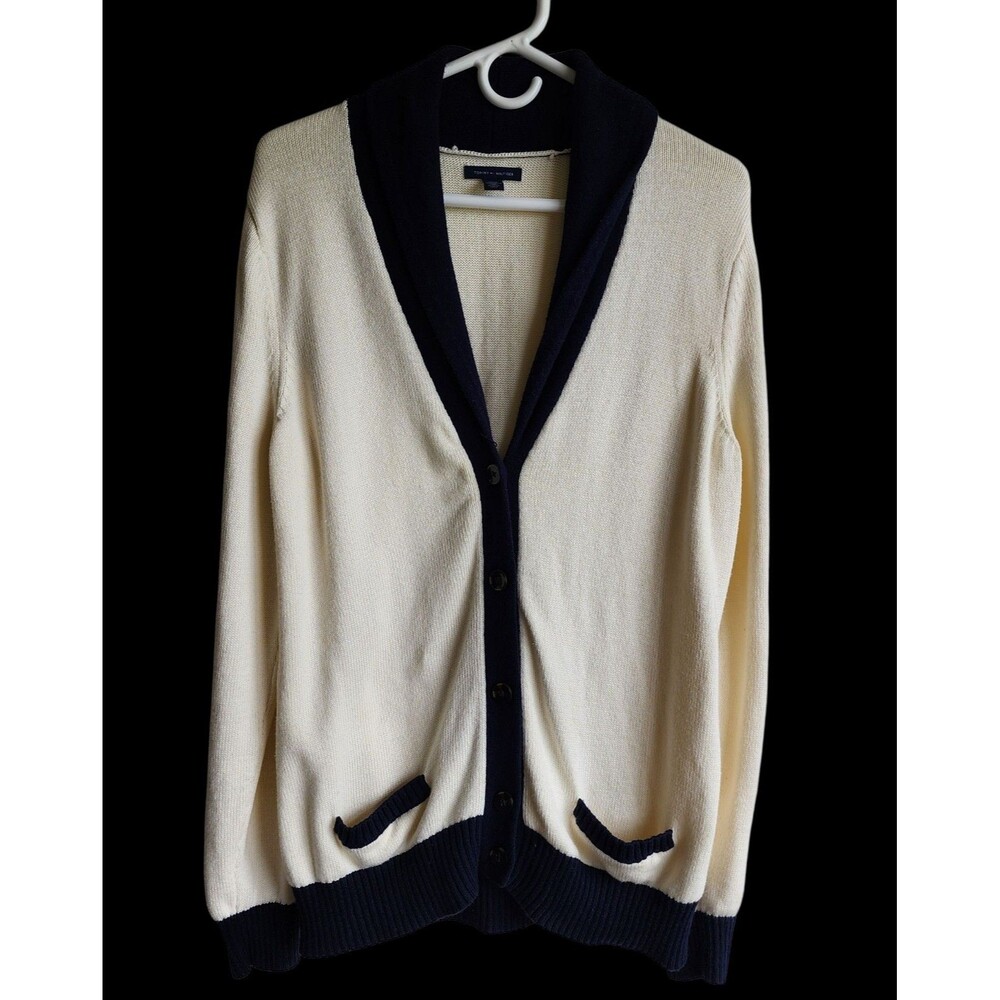 Vintage Tommy Hilfiger Cardigan Sweater XL Cream Navy Shawl Collar Button Front